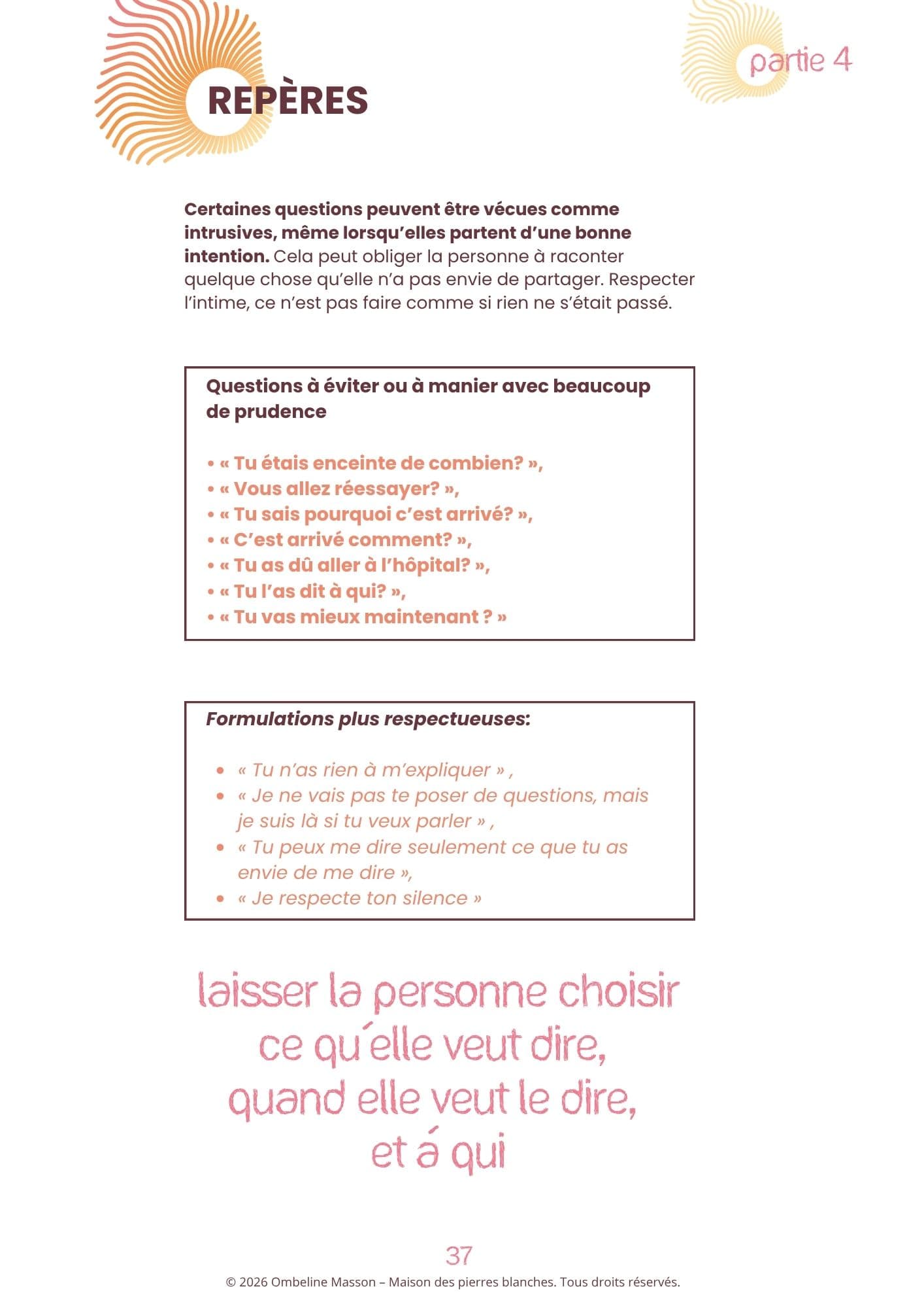 Page d'exemple du carnet Soutenir après une grossesse arrétée